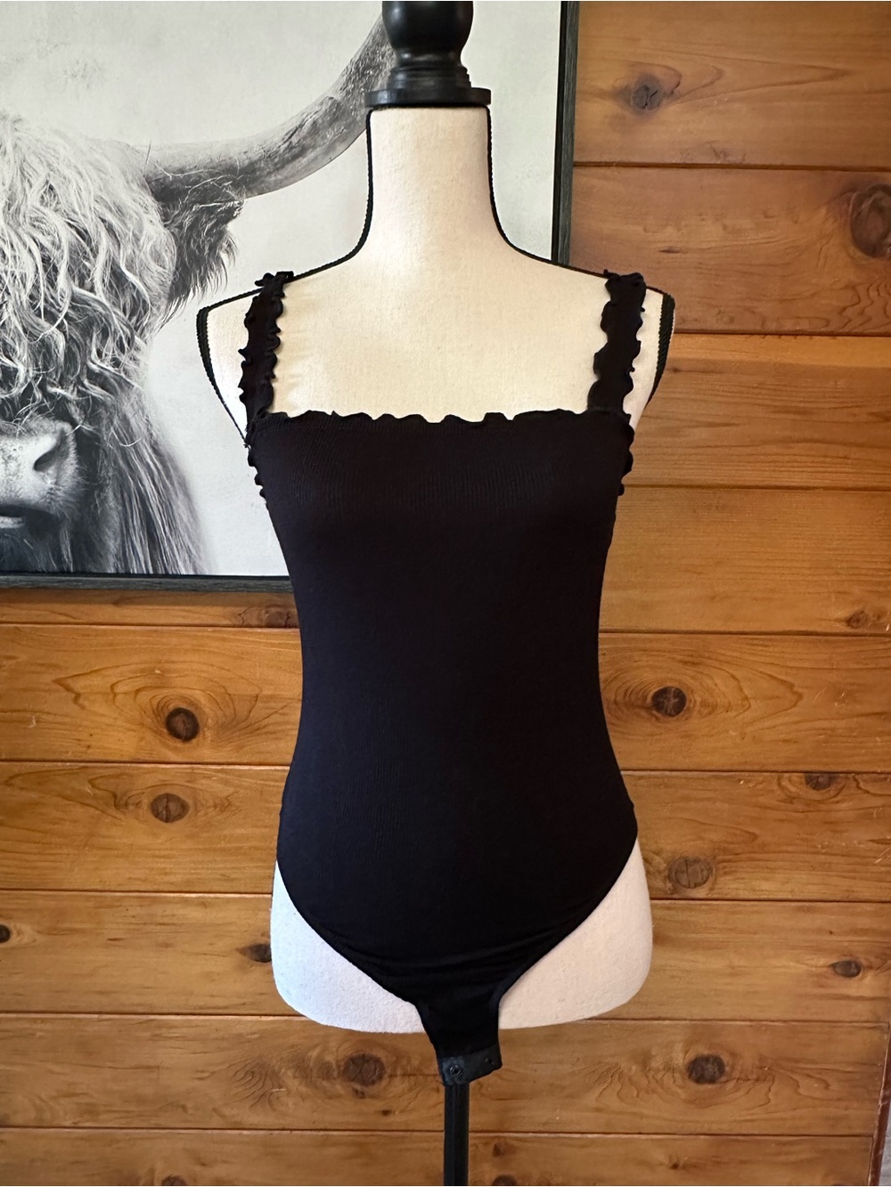 NWT Bozzolo Black Ruffled Strap Bodysuit